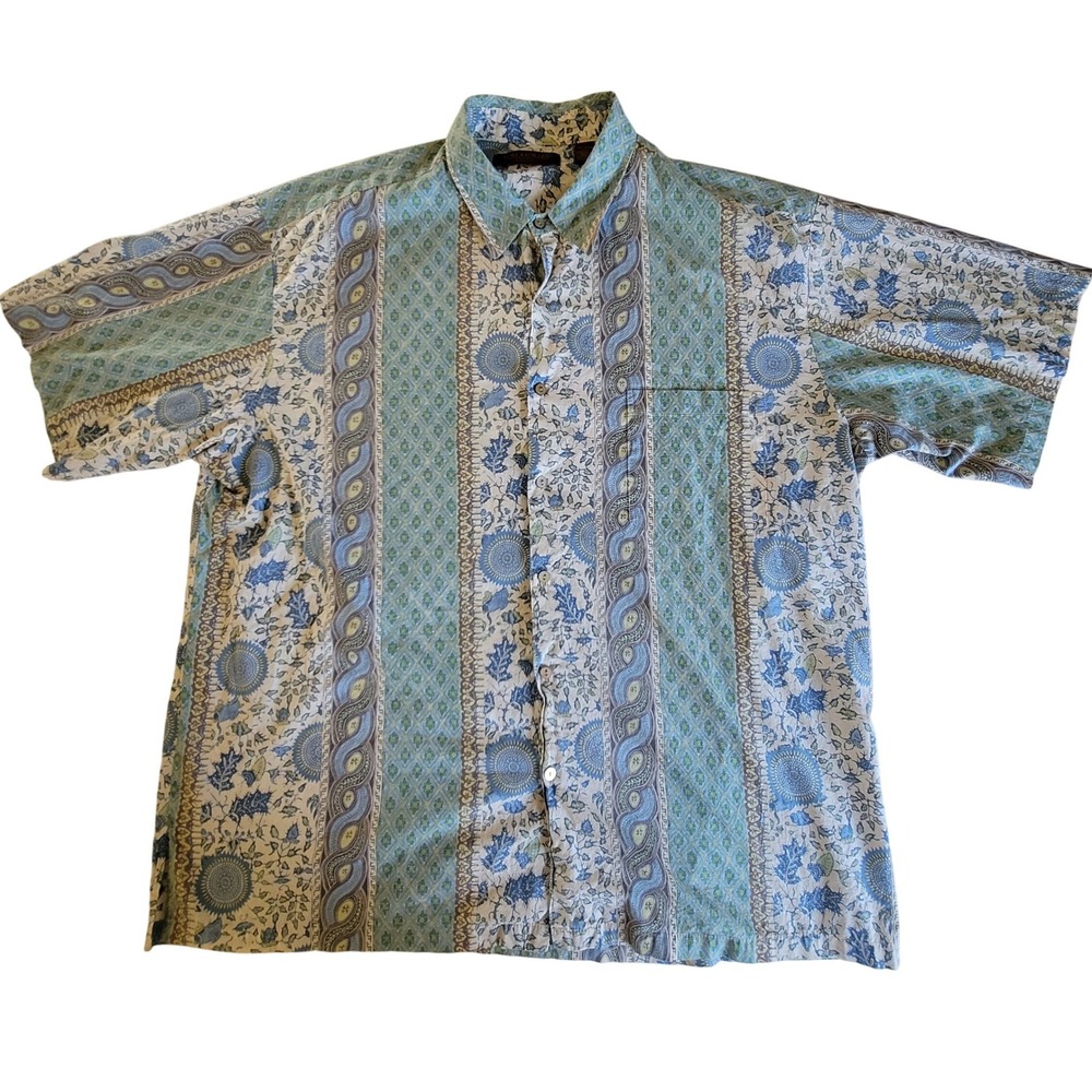 Tori Richard Button Up Shirt Mens 2XL Blue Green Cotton Lawn Panel Print USA